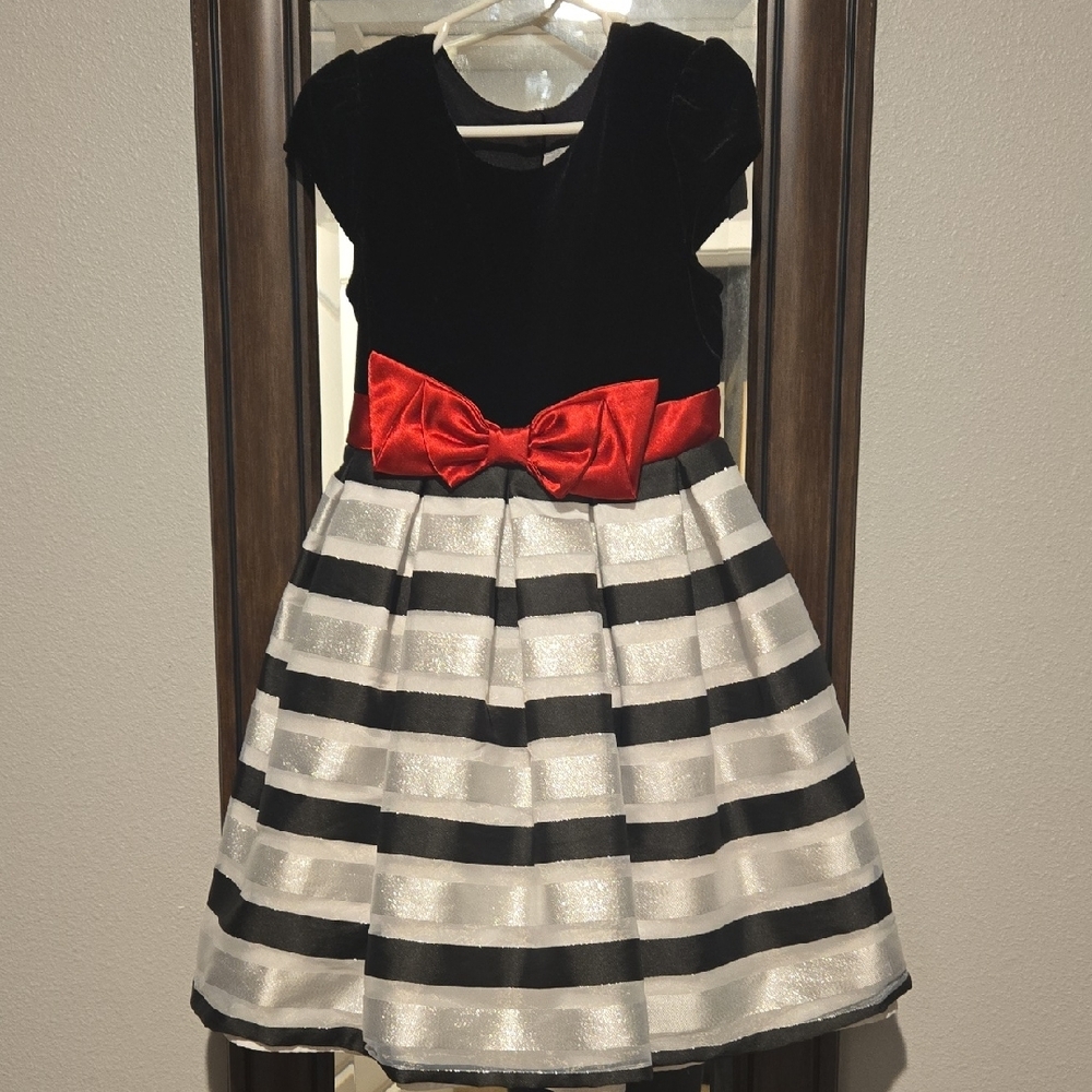 Black and White Striped Dress with Red Bow
